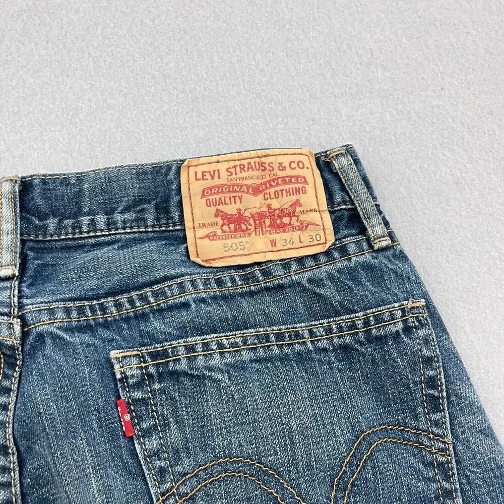 Vintage Levi's 505 Jeans Men 34x30 Straight Fit‎ Blue Whiskered Faded Denim
